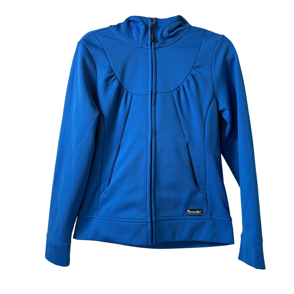 Moosejaw Fleece Full Zip Hooded Jacket Womens M Blue Pockets Pleated Outdoor